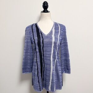 Misook Blue White Black V Neck 3/4 Sleeve Wavy Stripe Melange Knit Tunic XS